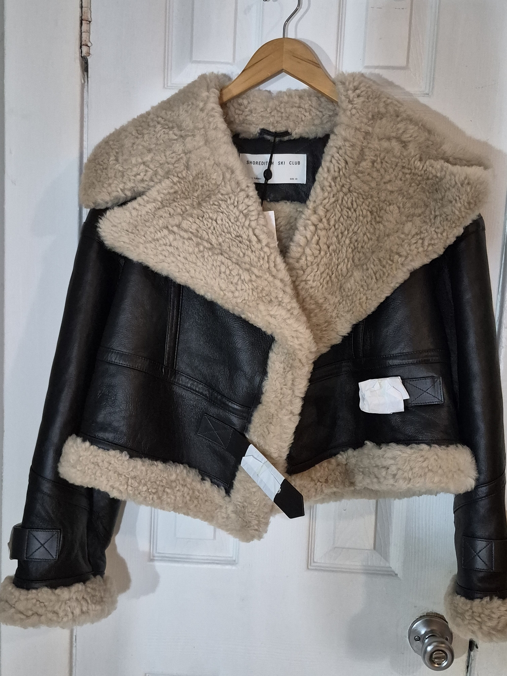 Shearling Trim Leather Jacket - Black & Cream